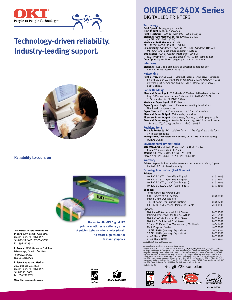 Okipage, 24dx series, Digital led printers | Reliability to count on, Digit y2k compliant, Driving the performance of the okipage, 24dx series is oki | Oki 24DX Series User Manual | Page 4 / 4