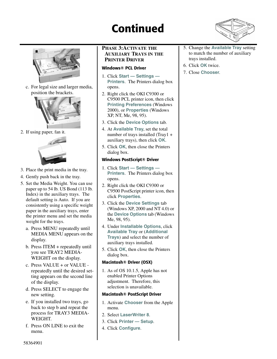 If using paper, fan it, Place the print media in the tray, Gently push back in the tray | D. press select to engage the new setting, F. press on line to exit the menu, Windows® pcl driver, Click the device options tab, Click ok, then close the printers dialog box, Windows postscript® driver, Macintosh® driver (osx) | Oki C 9300 User Manual | Page 2 / 2
