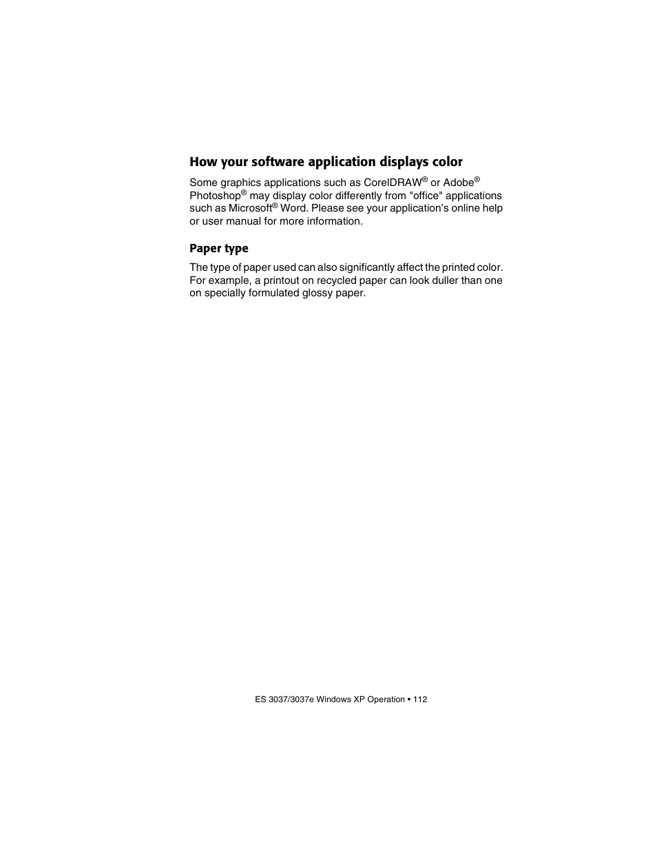 How your software application displays color, Paper type | Oki 3037 User Manual | Page 112 / 546