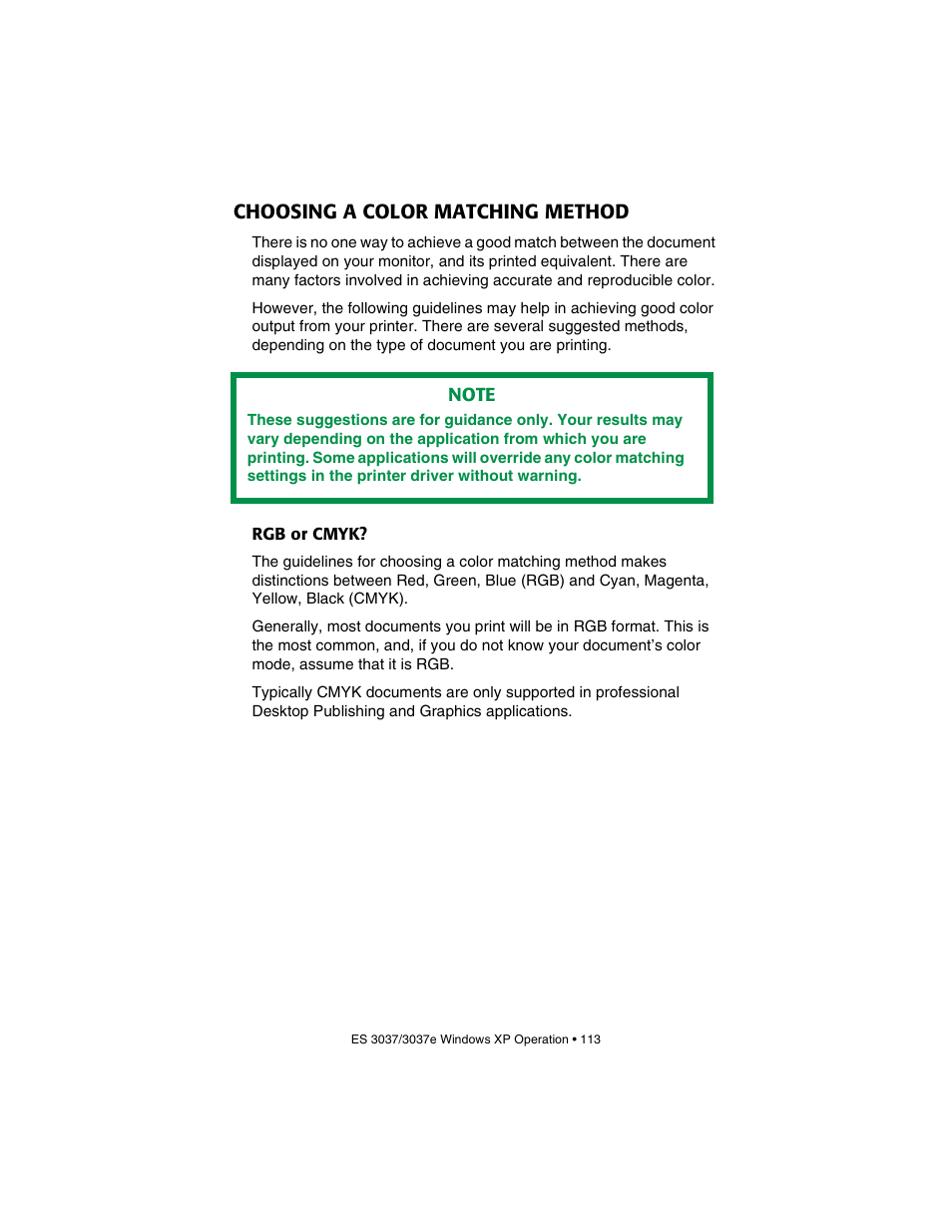 Choosing a color matching method, Rgb or cmyk | Oki 3037 User Manual | Page 113 / 546