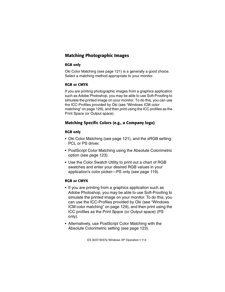 Matching photographic images, Rgb only, Rgb or cmyk | Matching specific colors (e.g., a company logo) | Oki 3037 User Manual | Page 114 / 546