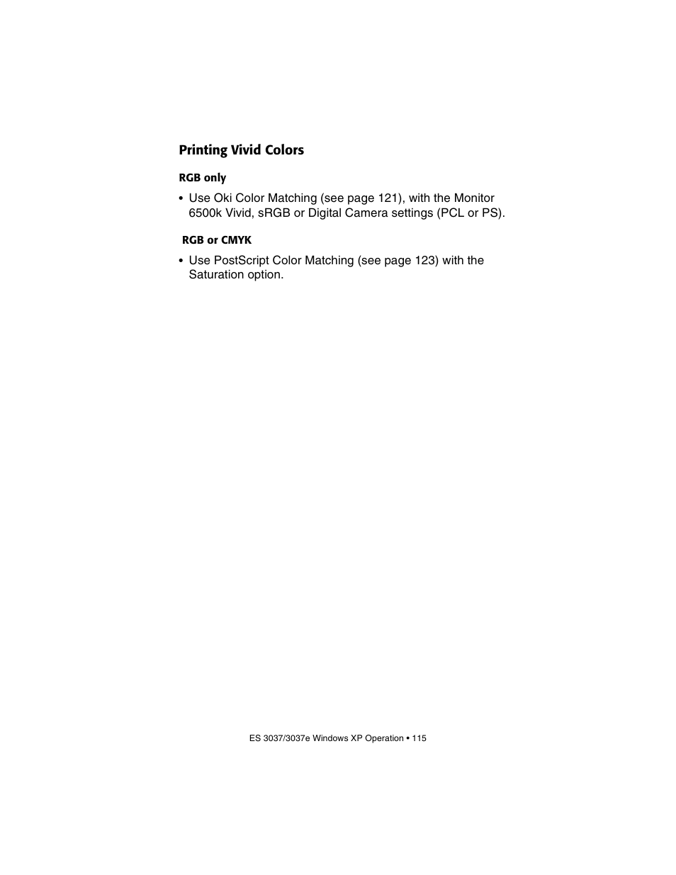 Printing vivid colors, Rgb only, Rgb or cmyk | Oki 3037 User Manual | Page 115 / 546