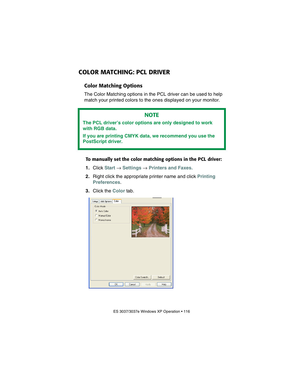 Color matching: pcl driver, Color matching options | Oki 3037 User Manual | Page 116 / 546