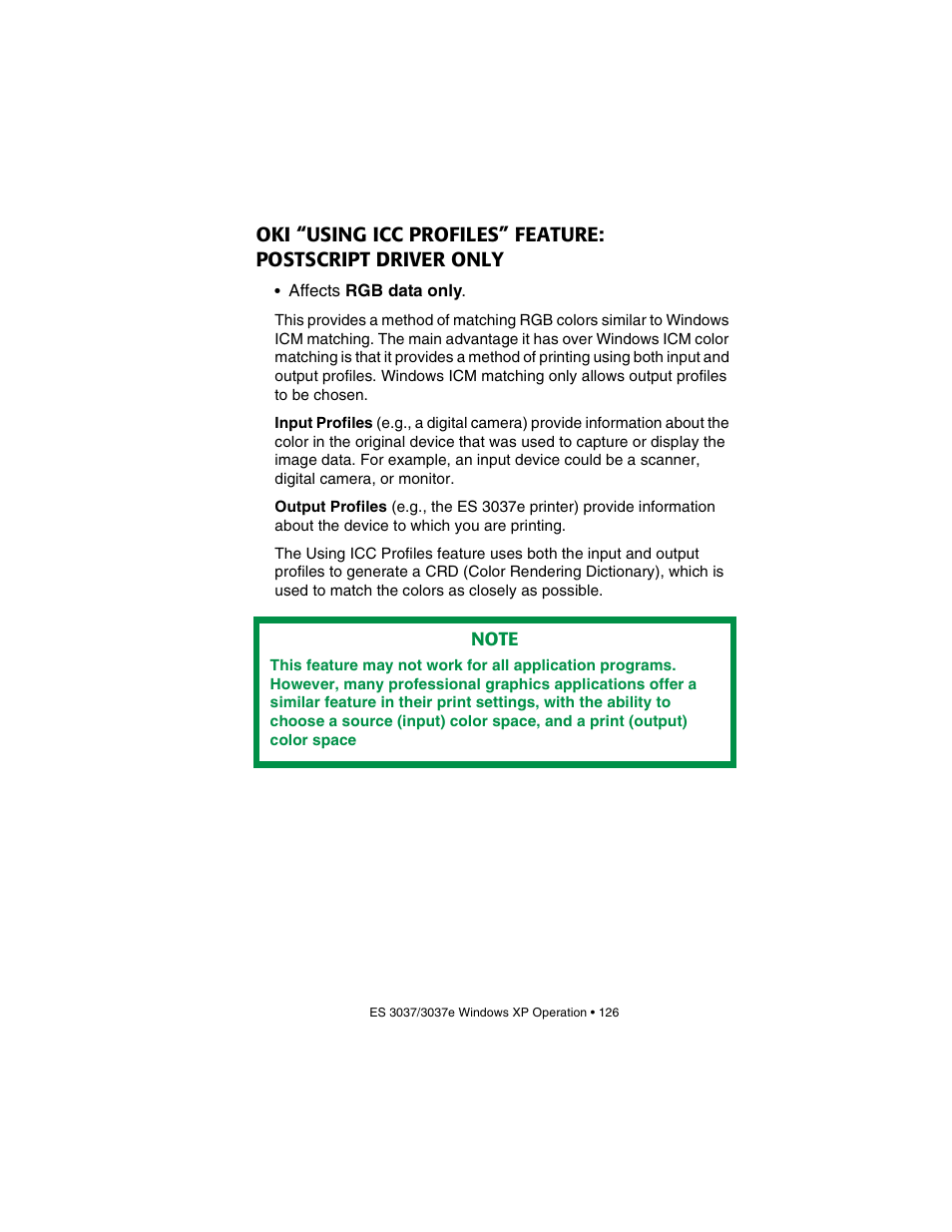 Oki “using icc profiles” feature, Postscript driver only | Oki 3037 User Manual | Page 126 / 546