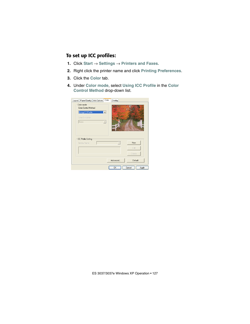 To set up icc profiles | Oki 3037 User Manual | Page 127 / 546