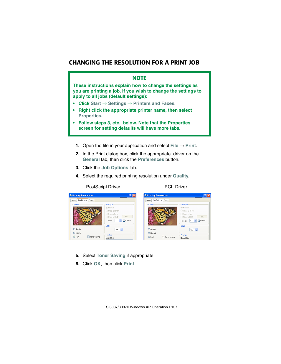 Changing the resolution for a print job | Oki 3037 User Manual | Page 137 / 546