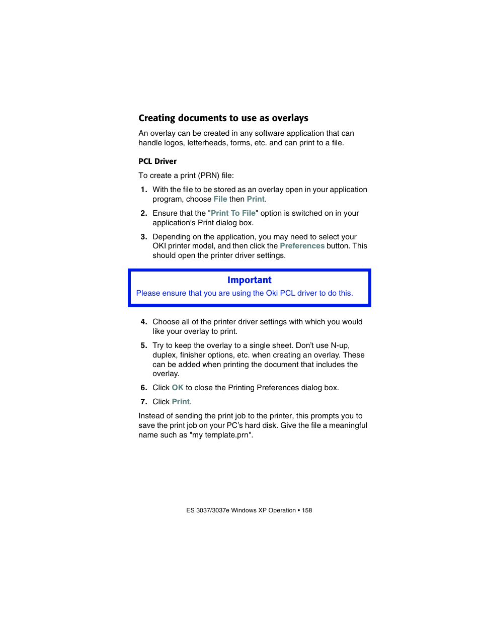 Creating documents to use as overlays, Pcl driver | Oki 3037 User Manual | Page 158 / 546