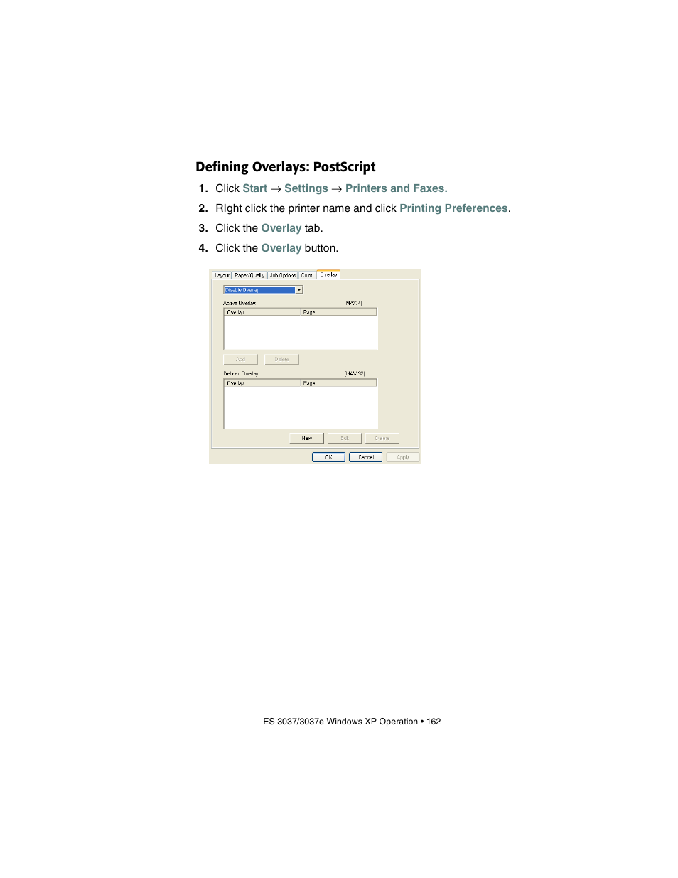 Defining overlays: postscript | Oki 3037 User Manual | Page 162 / 546