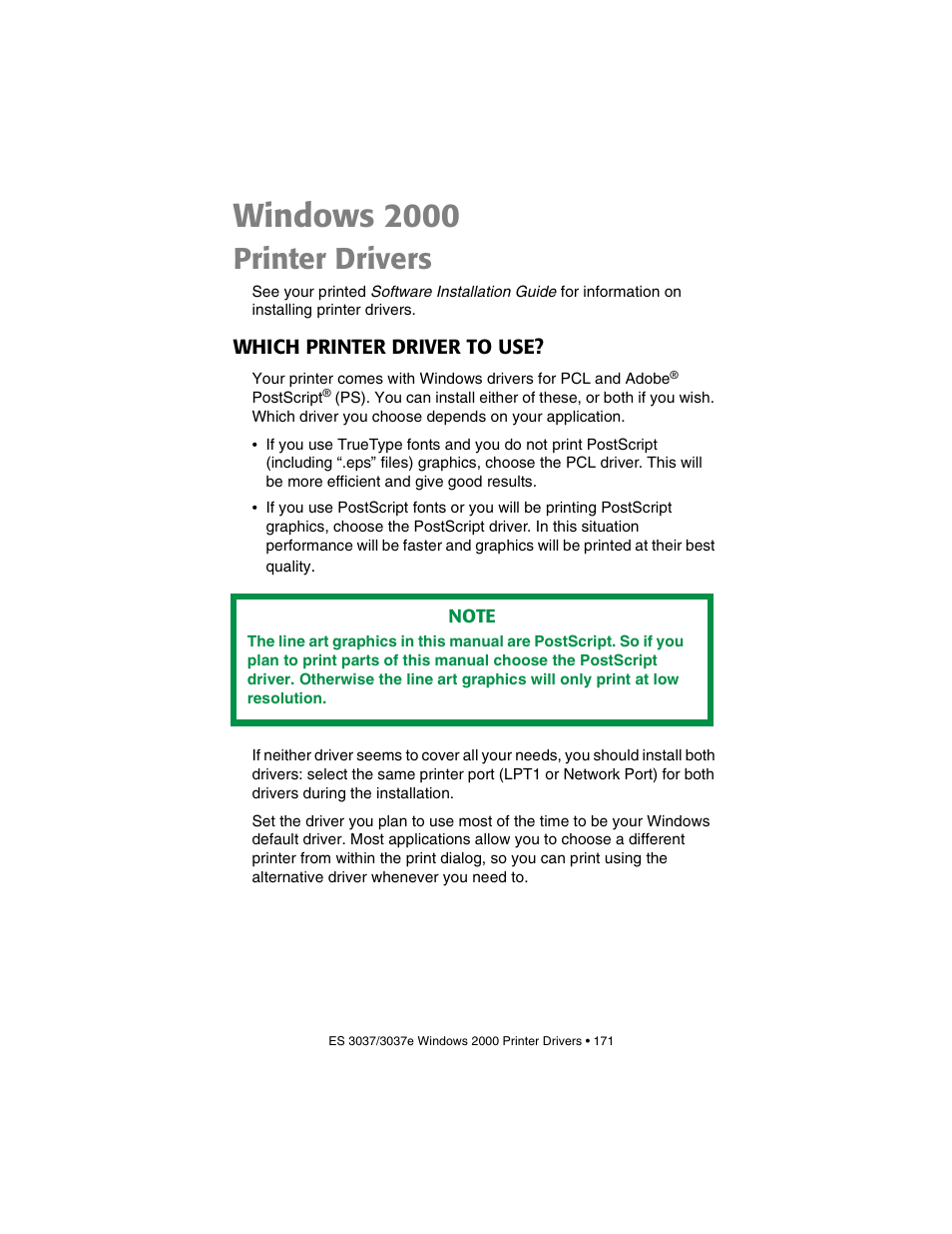 Windows 2000, Printer drivers, Which printer driver to use | Oki 3037 User Manual | Page 171 / 546