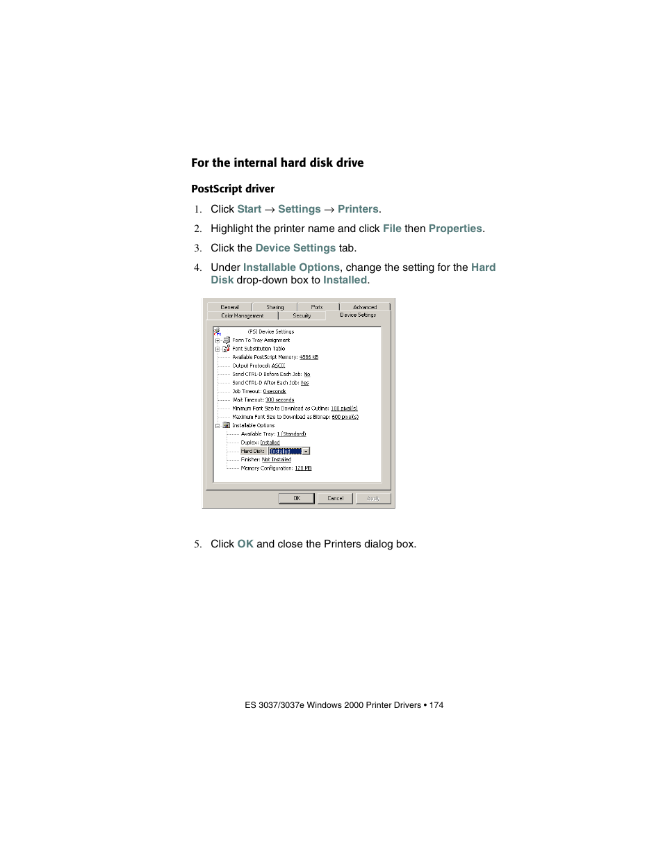 For the internal hard disk drive, Postscript driver | Oki 3037 User Manual | Page 174 / 546