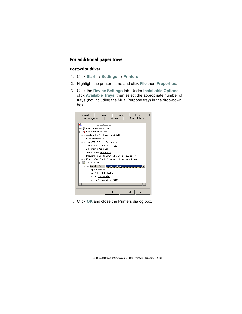 For additional paper trays, Postscript driver | Oki 3037 User Manual | Page 176 / 546