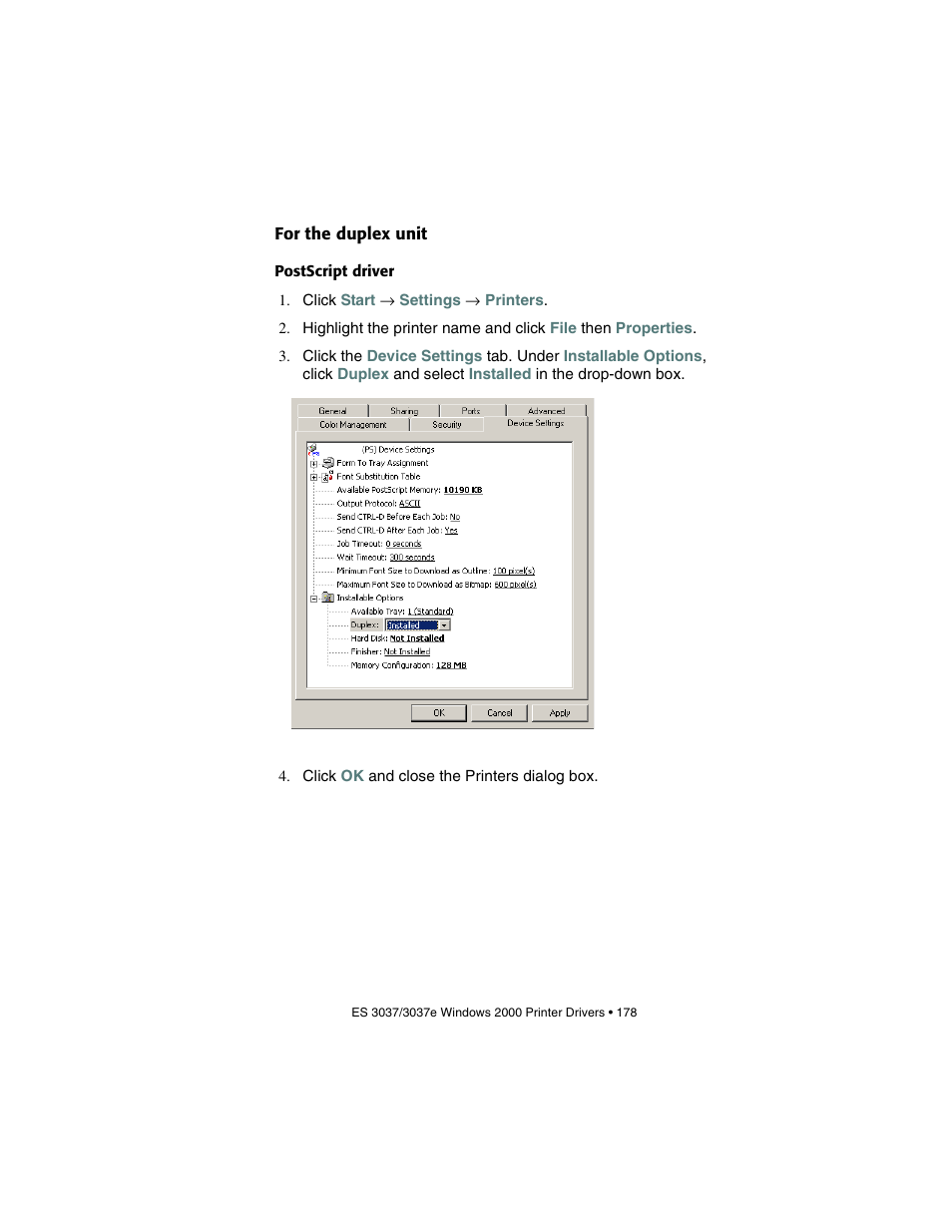 For the duplex unit, Postscript driver | Oki 3037 User Manual | Page 178 / 546