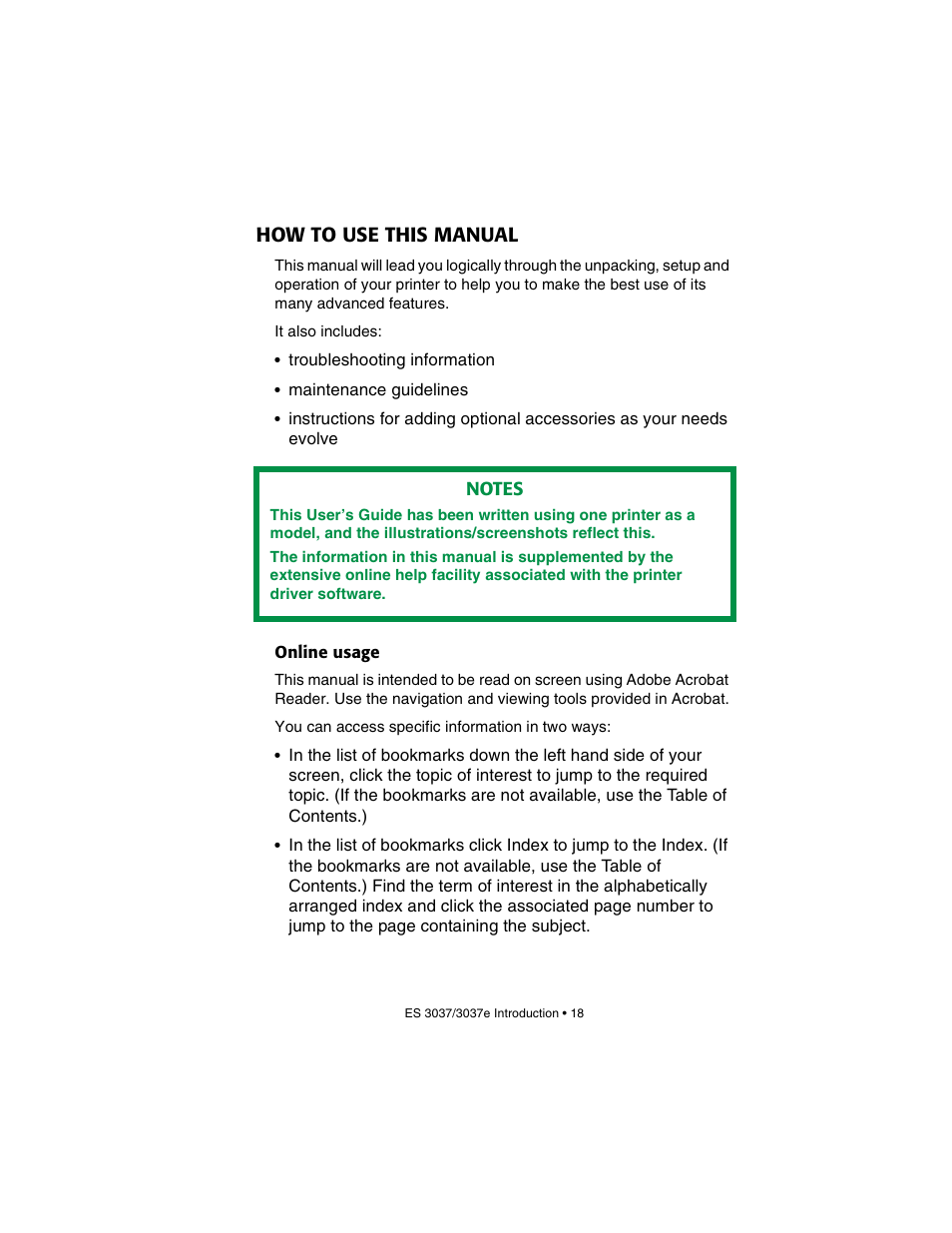 How to use this manual, Online usage | Oki 3037 User Manual | Page 18 / 546