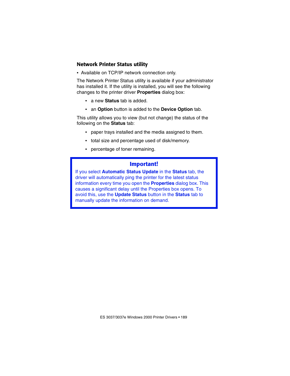 Network printer status utility | Oki 3037 User Manual | Page 189 / 546