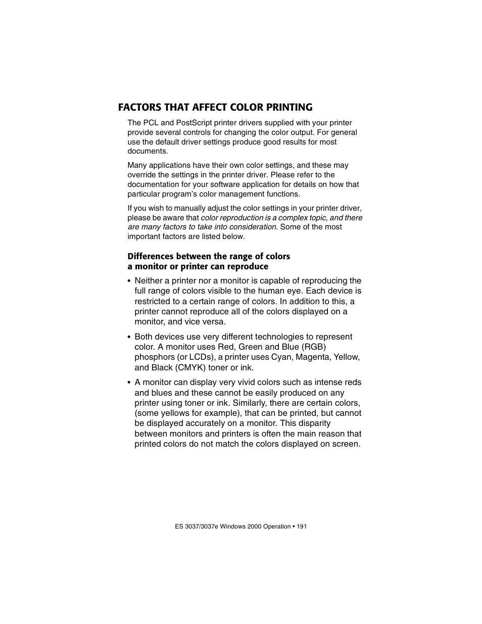 Factors that affect color printing | Oki 3037 User Manual | Page 191 / 546