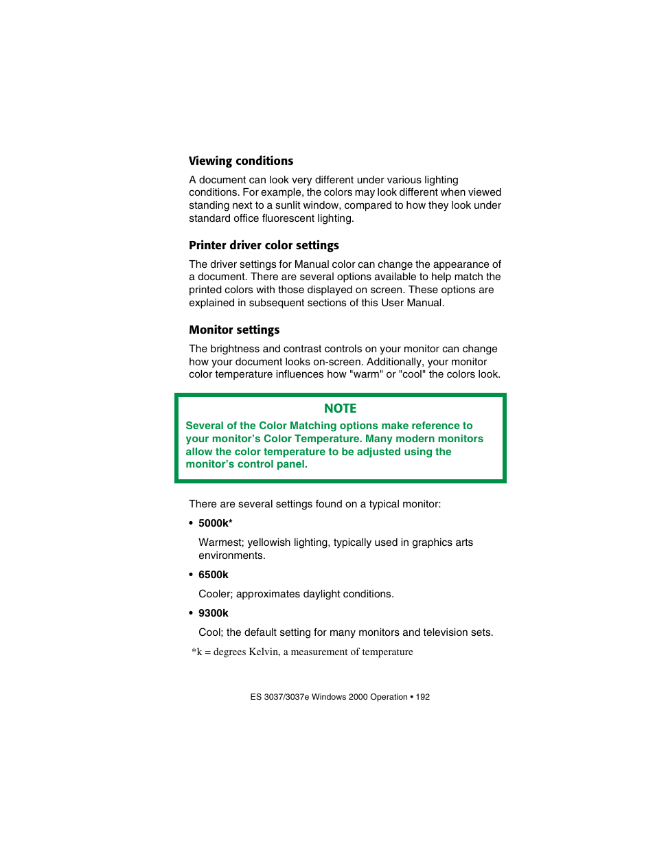 Viewing conditions, Printer driver color settings, Monitor settings | Oki 3037 User Manual | Page 192 / 546