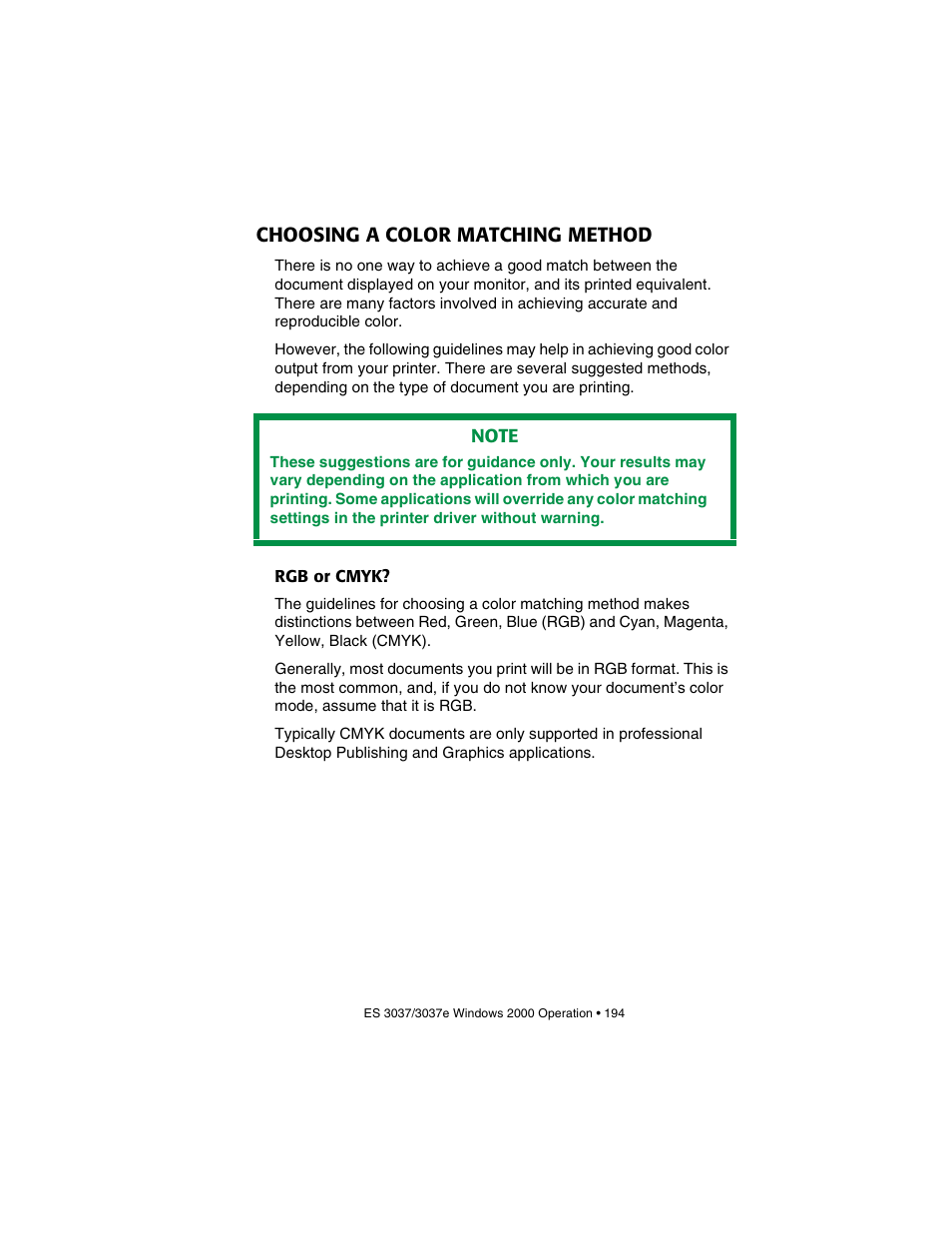 Choosing a color matching method, Rgb or cmyk | Oki 3037 User Manual | Page 194 / 546
