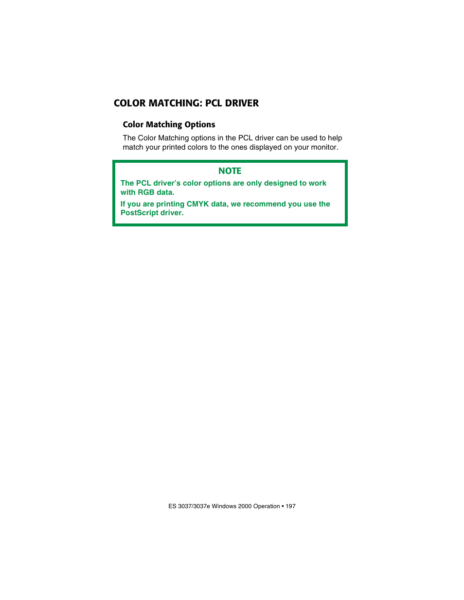 Color matching: pcl driver, Color matching options | Oki 3037 User Manual | Page 197 / 546