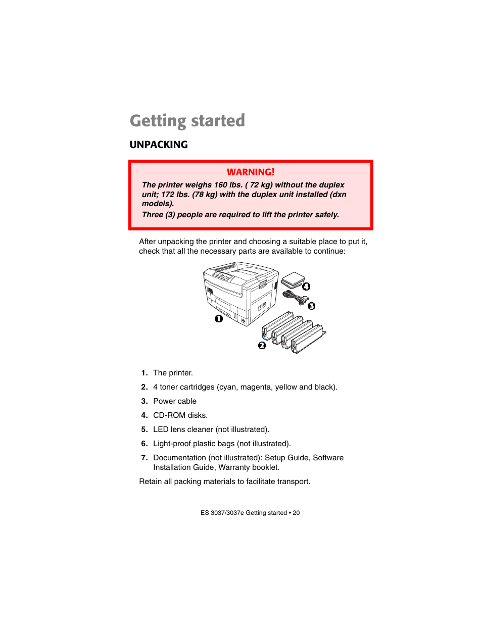 Getting started, Unpacking | Oki 3037 User Manual | Page 20 / 546