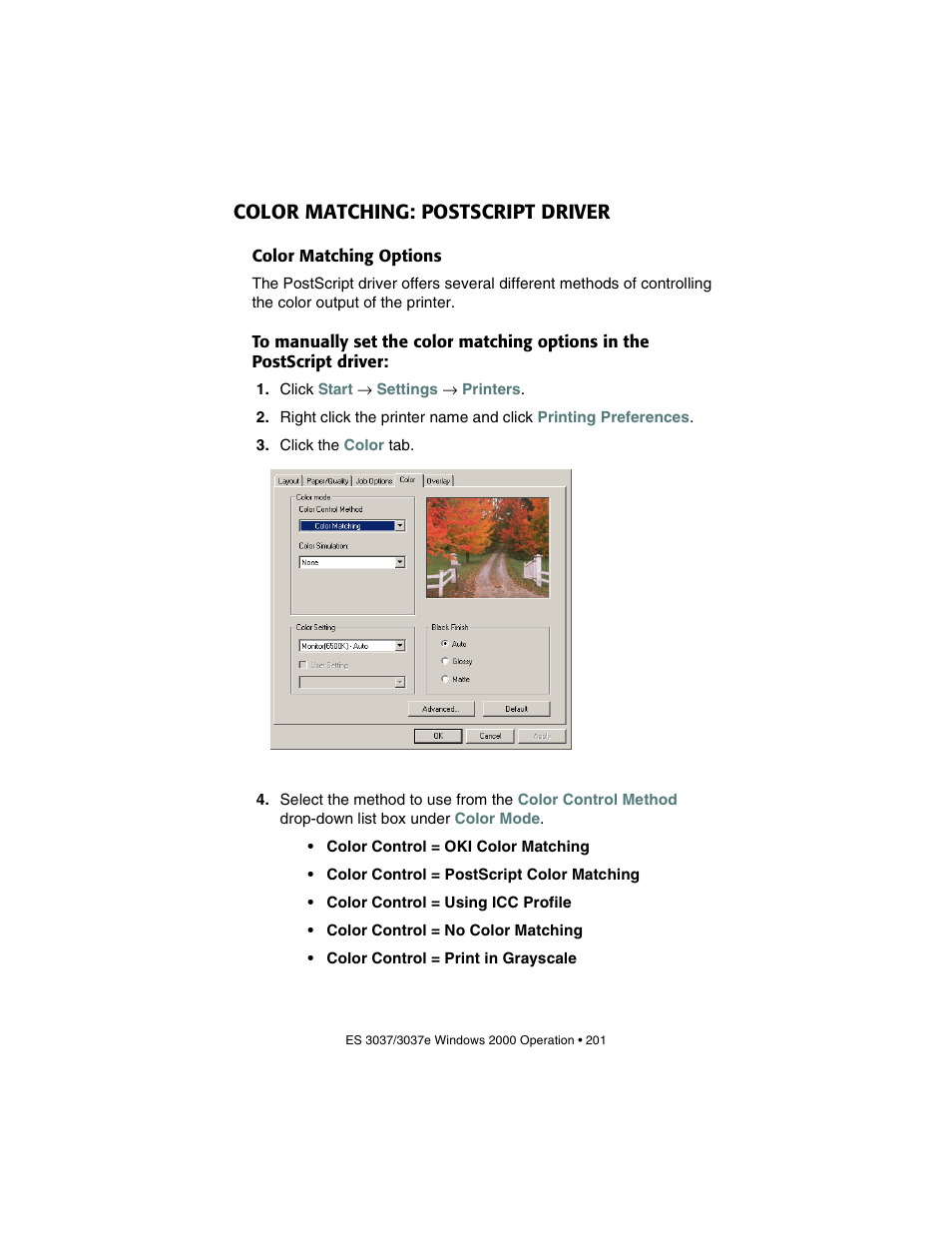 Color matching: postscript driver, Color matching options | Oki 3037 User Manual | Page 201 / 546