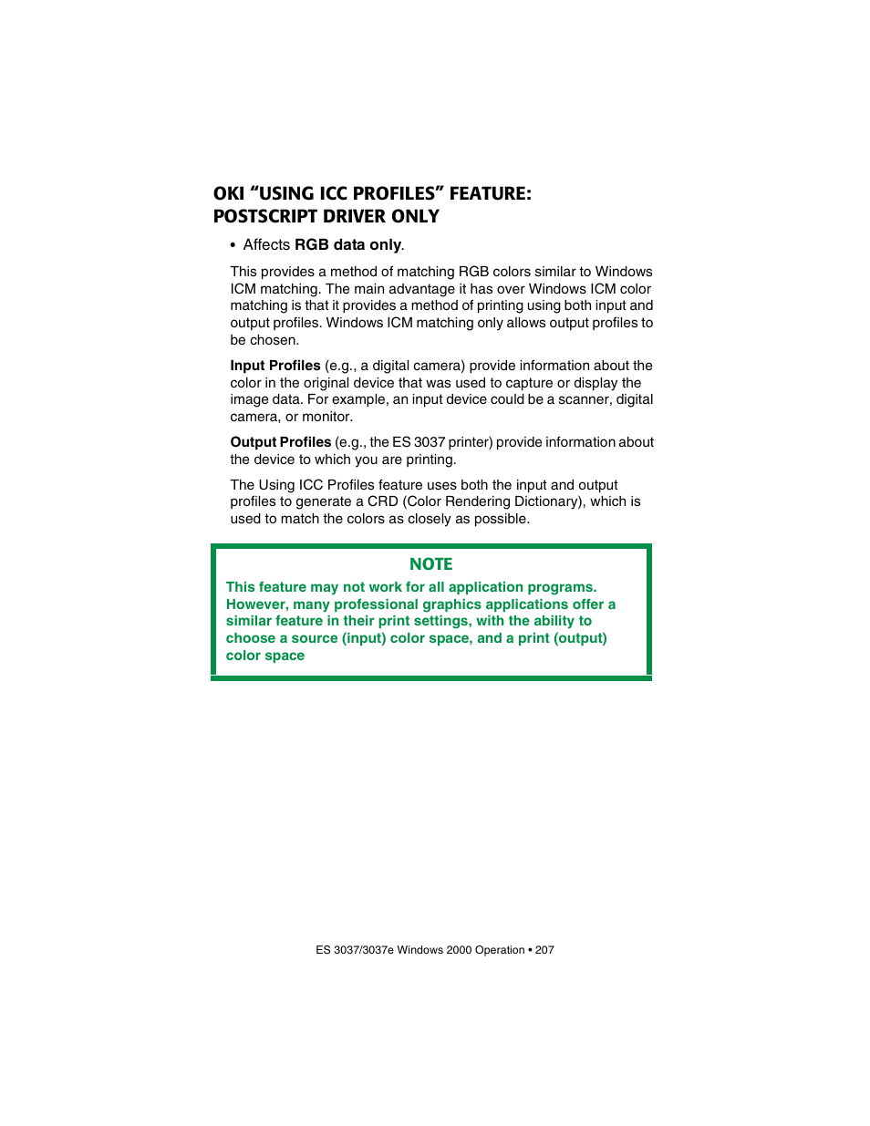 Oki “using icc profiles” feature, Postscript driver only | Oki 3037 User Manual | Page 207 / 546