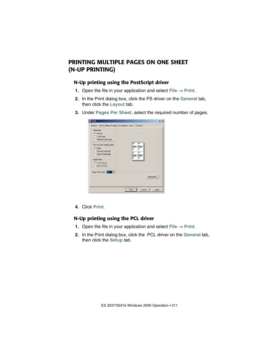 N-up printing using the postscript driver, N-up printing using the pcl driver, N-up printing) | Oki 3037 User Manual | Page 211 / 546