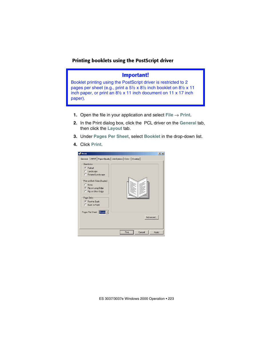 Printing booklets using the postscript driver | Oki 3037 User Manual | Page 223 / 546
