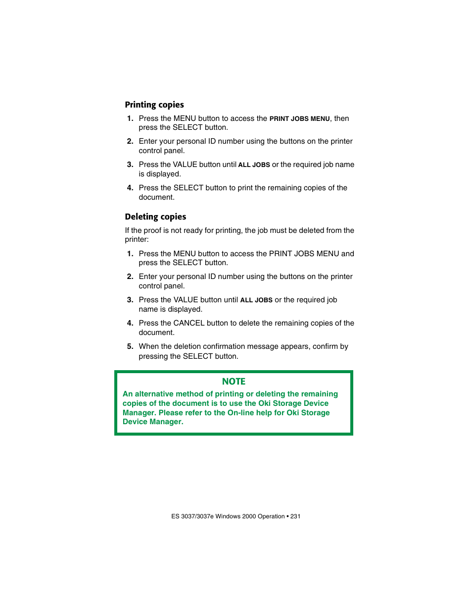 Printing copies, Deleting copies, Printing copies deleting copies | Oki 3037 User Manual | Page 231 / 546