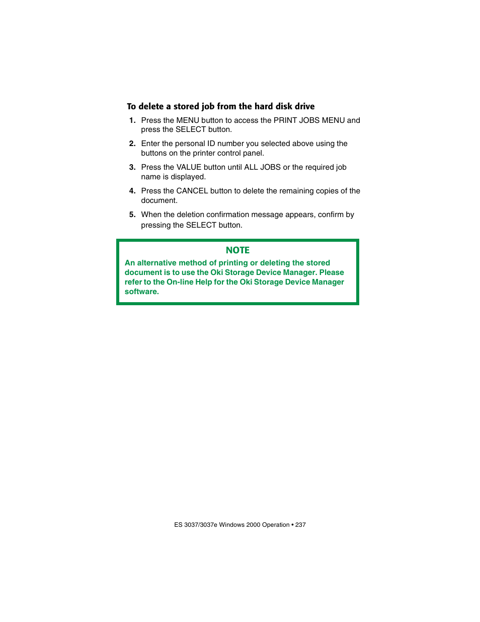 To delete a stored job from the hard disk drive | Oki 3037 User Manual | Page 237 / 546