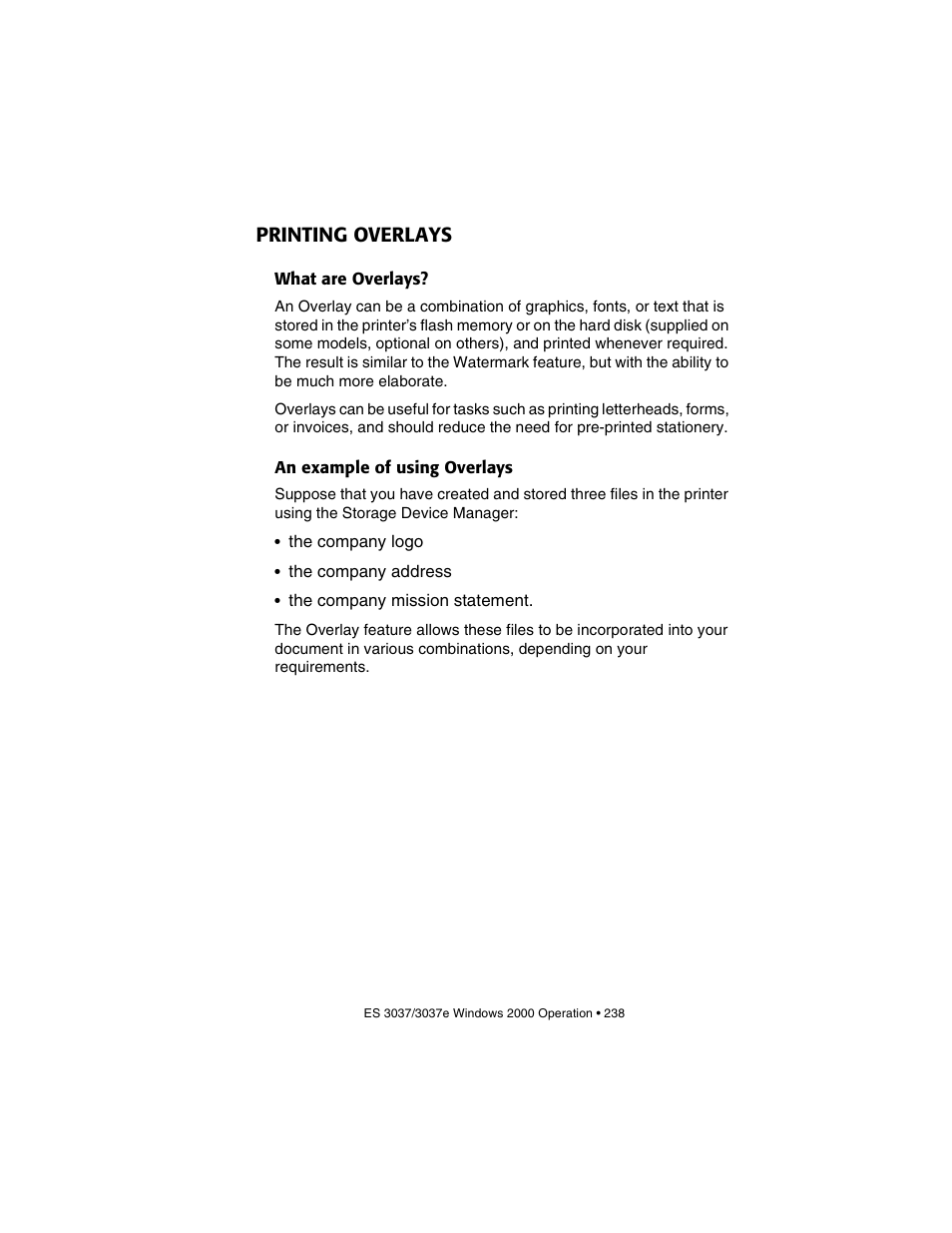 Printing overlays, What are overlays, An example of using overlays | What are overlays? an example of using overlays | Oki 3037 User Manual | Page 238 / 546