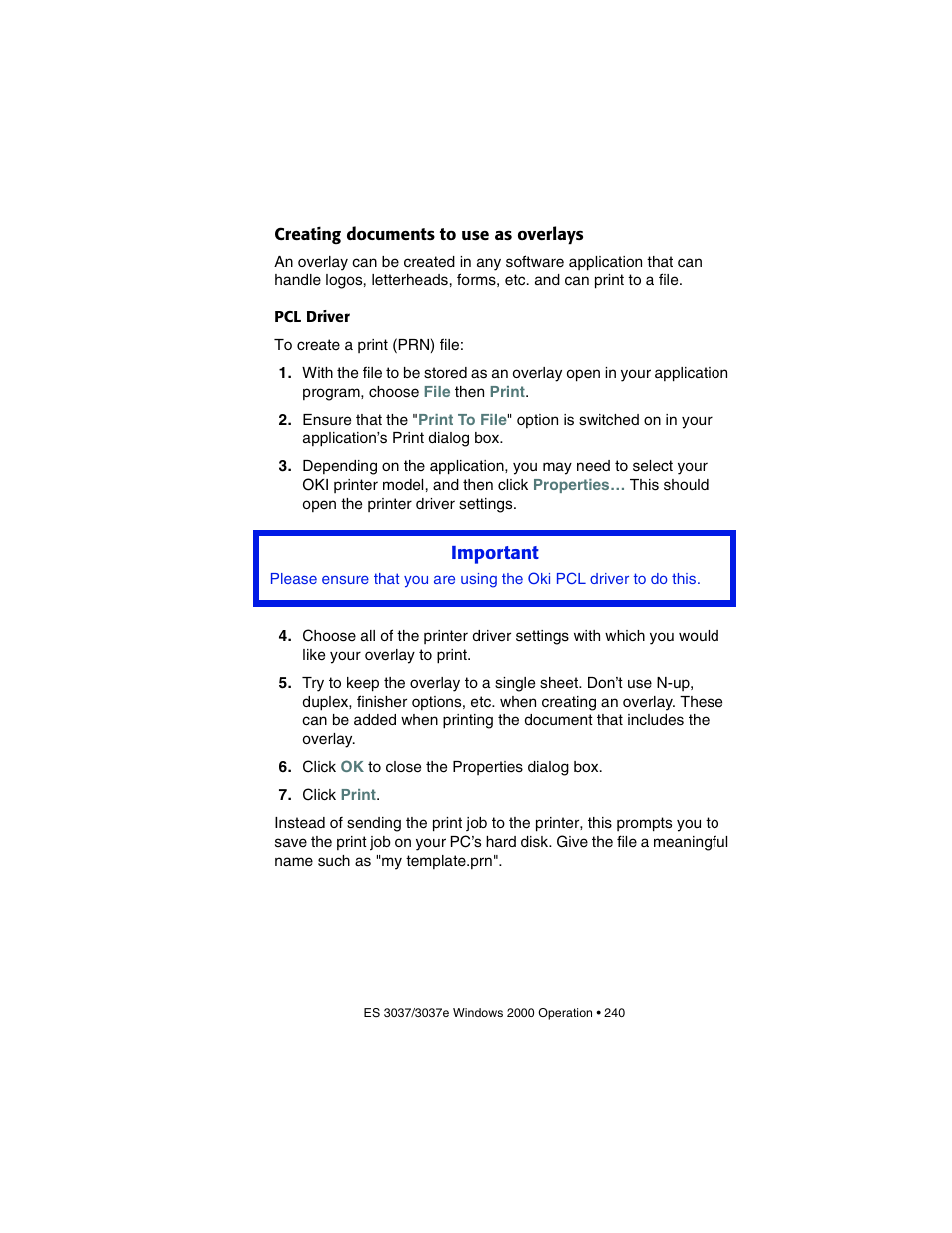 Creating documents to use as overlays, Pcl driver | Oki 3037 User Manual | Page 240 / 546
