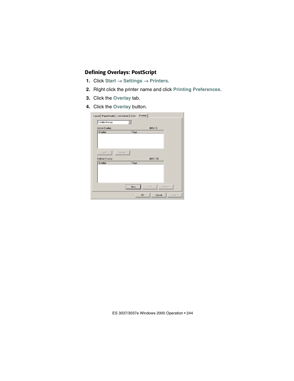 Defining overlays: postscript | Oki 3037 User Manual | Page 244 / 546