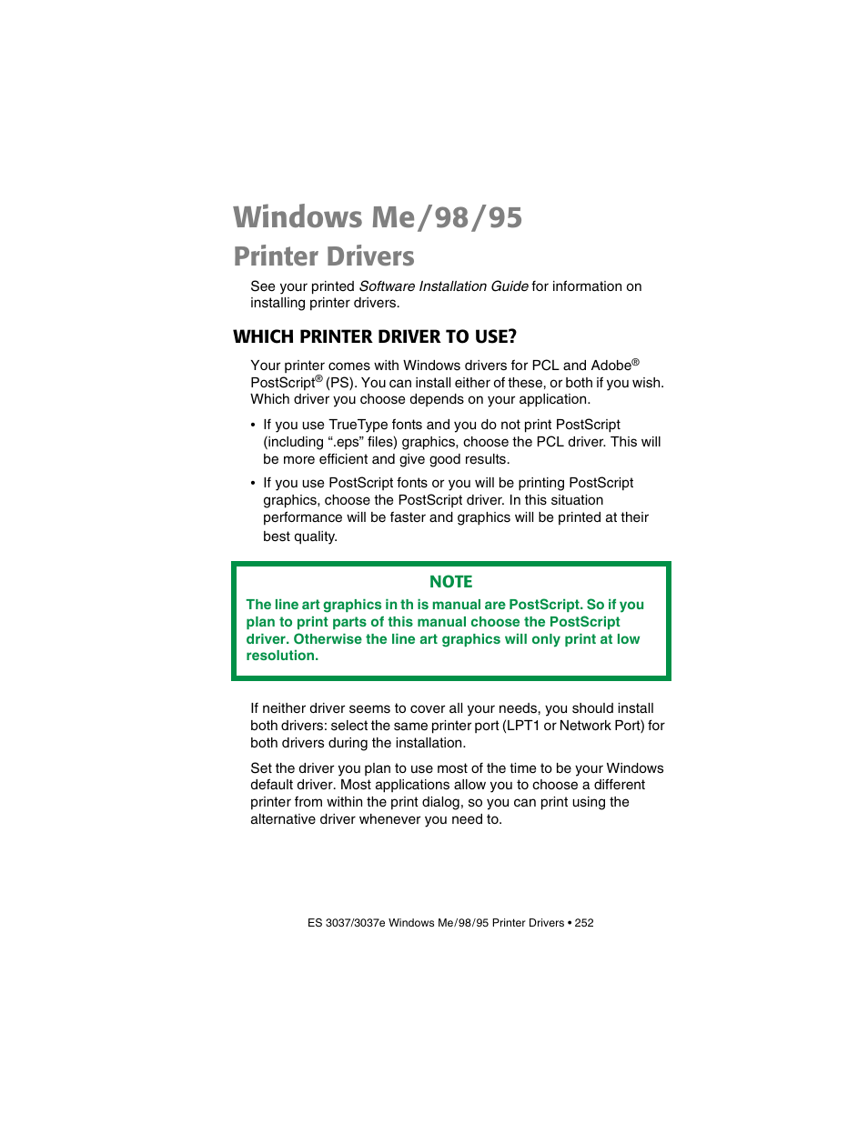 Windows me/98/95, Printer drivers, Which printer driver to use | Windows me/98/95 | Oki 3037 User Manual | Page 252 / 546