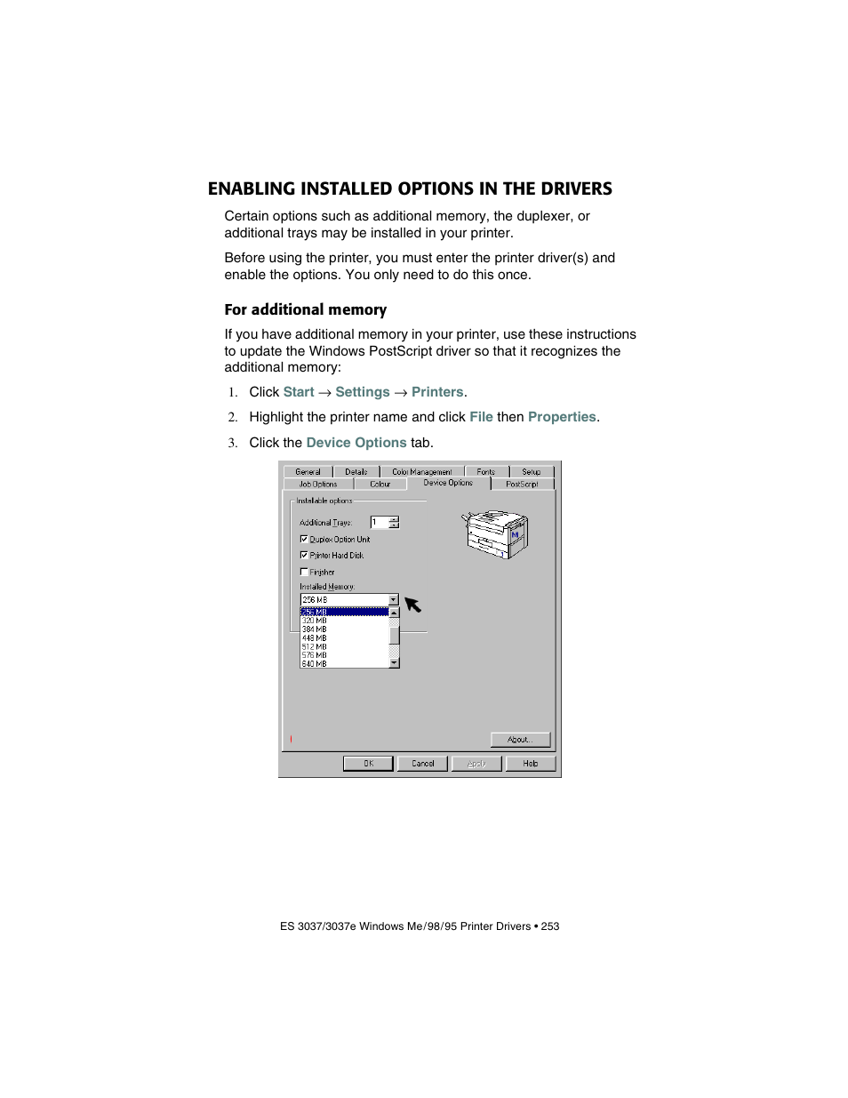 Enabling installed options in the drivers, For additional memory | Oki 3037 User Manual | Page 253 / 546