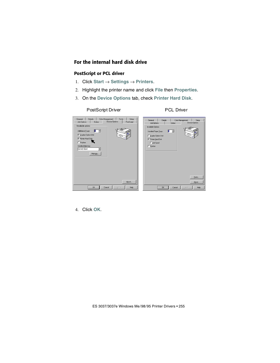 For the internal hard disk drive, Postscript or pcl driver | Oki 3037 User Manual | Page 255 / 546