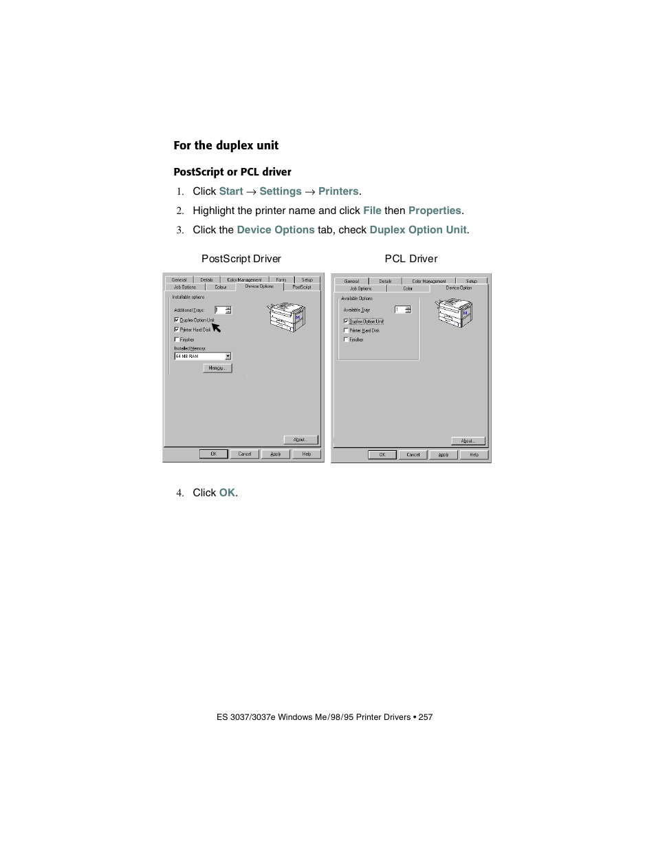 For the duplex unit, Postscript or pcl driver | Oki 3037 User Manual | Page 257 / 546