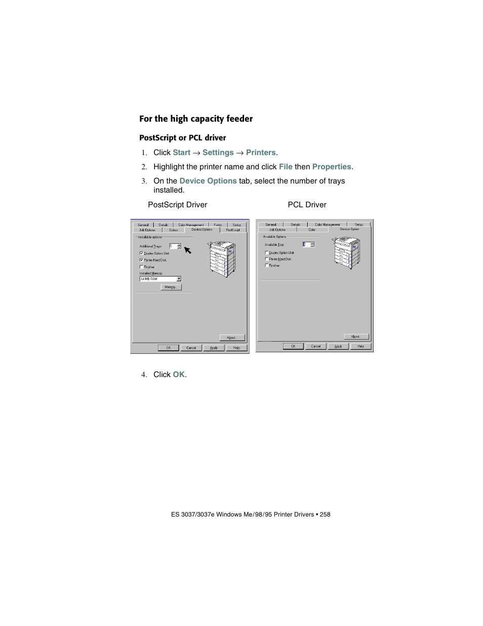 For the high capacity feeder, Postscript or pcl driver | Oki 3037 User Manual | Page 258 / 546