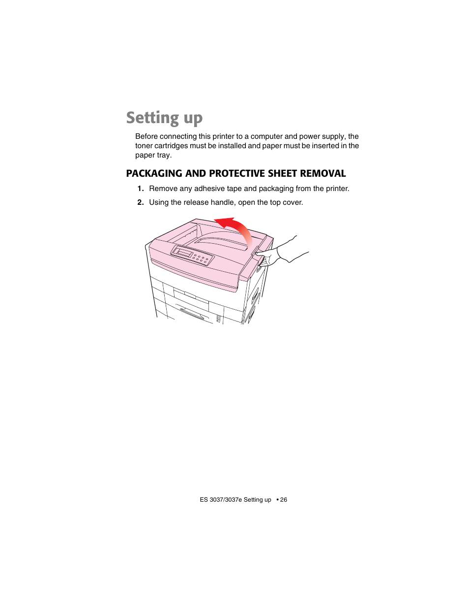 Setting up, Packaging and protective sheet removal | Oki 3037 User Manual | Page 26 / 546