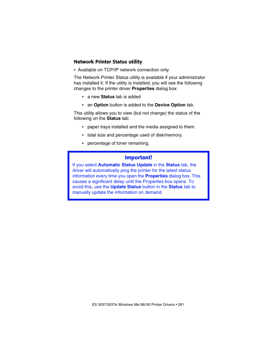 Network printer status utility | Oki 3037 User Manual | Page 261 / 546