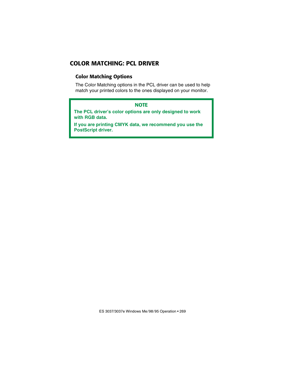 Color matching: pcl driver, Color matching options | Oki 3037 User Manual | Page 269 / 546