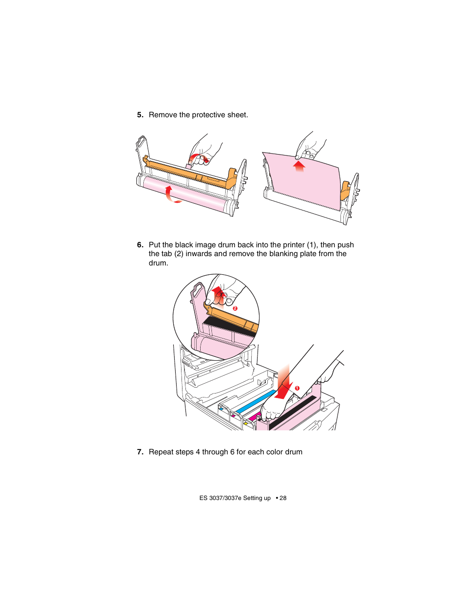 Remove the protective sheet, Repeat steps 4 through 6 for each color drum | Oki 3037 User Manual | Page 28 / 546