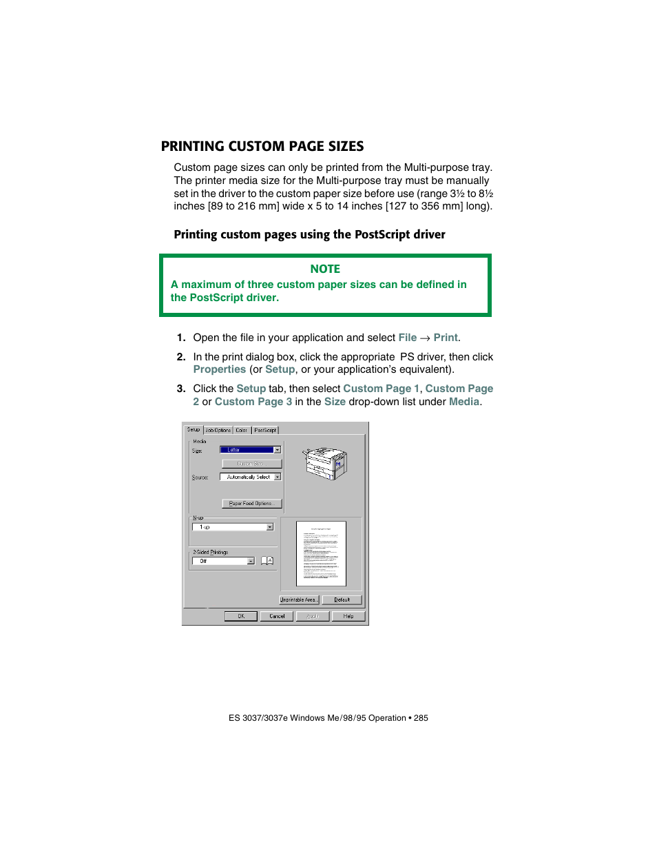 Printing custom page sizes | Oki 3037 User Manual | Page 285 / 546