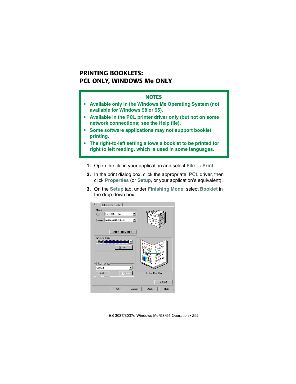 Printing booklets: pcl only, windows me only, Printing booklets, Pcl only, windows me only | Oki 3037 User Manual | Page 292 / 546