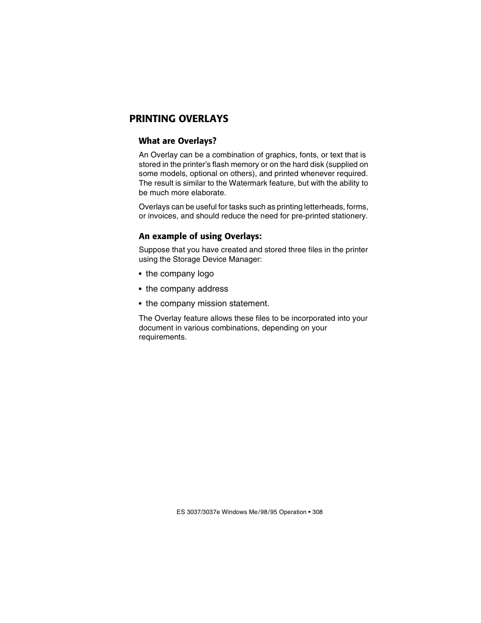 Printing overlays, What are overlays, An example of using overlays | What are overlays? an example of using overlays | Oki 3037 User Manual | Page 308 / 546