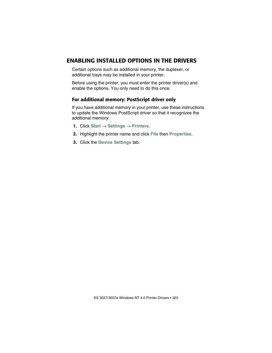 Enabling installed options in the drivers, For additional memory: postscript driver only | Oki 3037 User Manual | Page 323 / 546