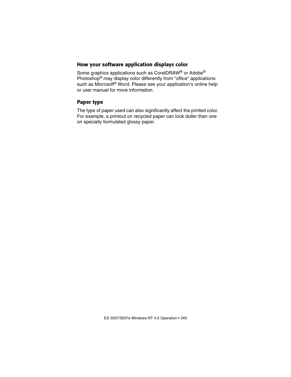 How your software application displays color, Paper type | Oki 3037 User Manual | Page 345 / 546