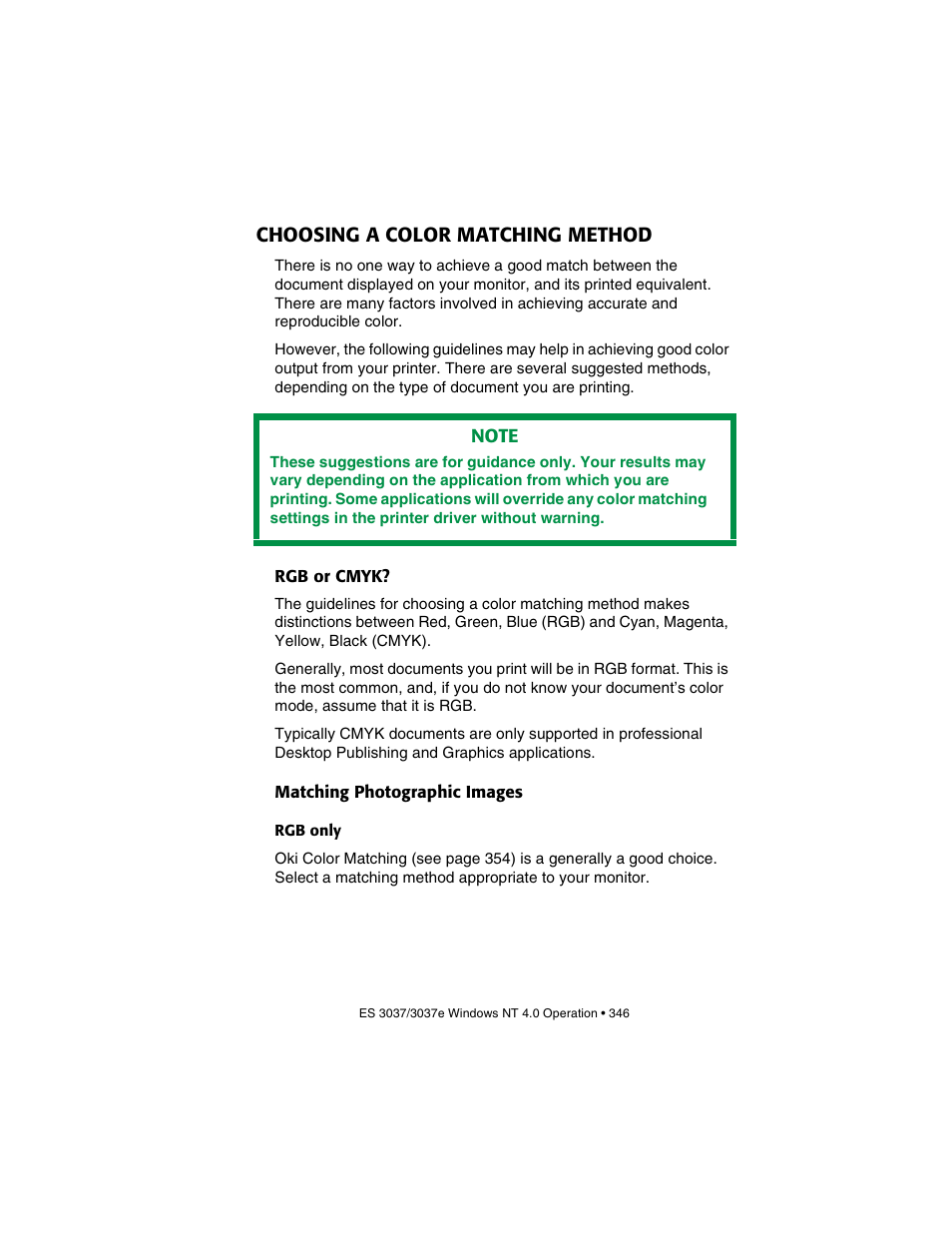 Choosing a color matching method, Rgb or cmyk, Matching photographic images | Rgb only, Rgb or cmyk? matching photographic images | Oki 3037 User Manual | Page 346 / 546