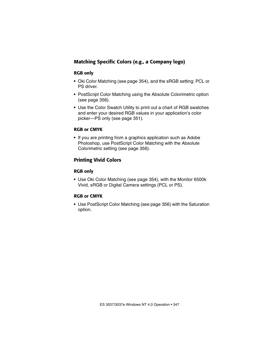 Matching specific colors (e.g., a company logo), Rgb only, Rgb or cmyk | Printing vivid colors | Oki 3037 User Manual | Page 347 / 546