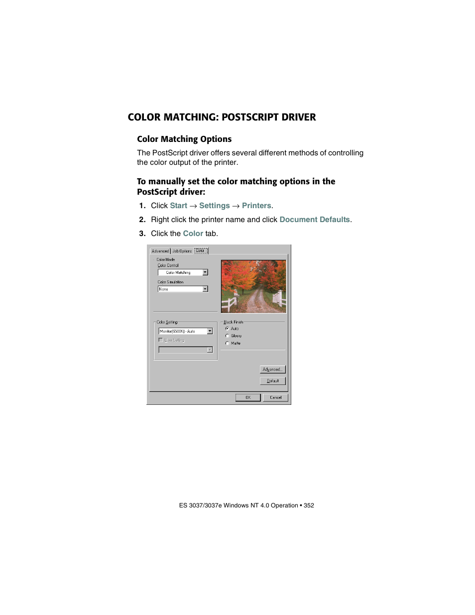 Color matching: postscript driver, Color matching options | Oki 3037 User Manual | Page 352 / 546