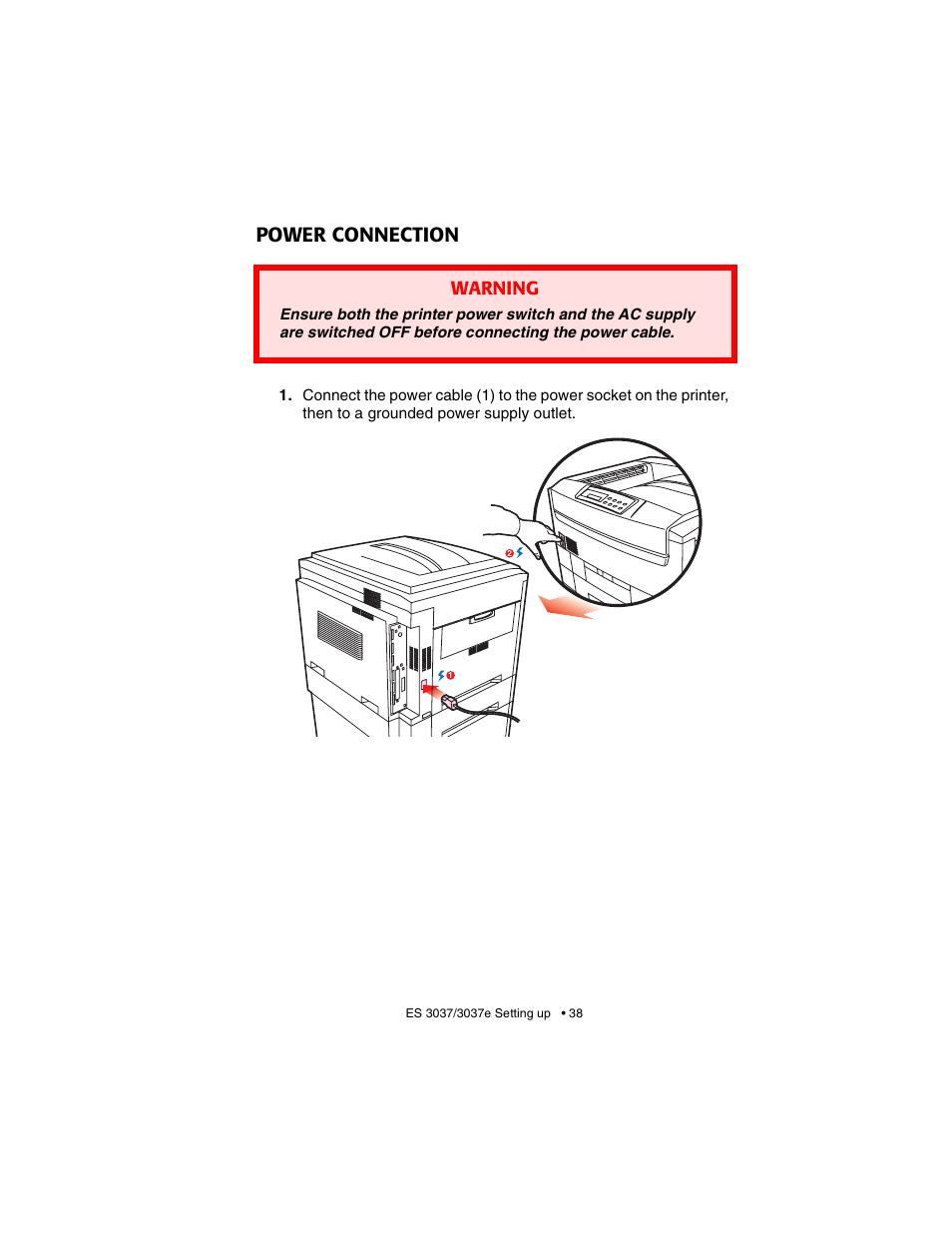 Power connection, Warning | Oki 3037 User Manual | Page 38 / 546
